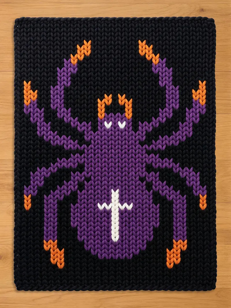 A rectangular knit blanket featuring a large spider design centered on a black background. The spider is primarily purple with orange accents on the leg tips and head, and a white cross-shaped marking on its rounded abdomen.