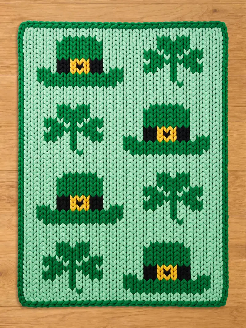 A green and light green knitted rectangular chunky blanket featuring St. Patrick's Day symbols. The design includes green leprechaun hats with black bands and gold buckles, and green shamrocks. The mat has a green border.