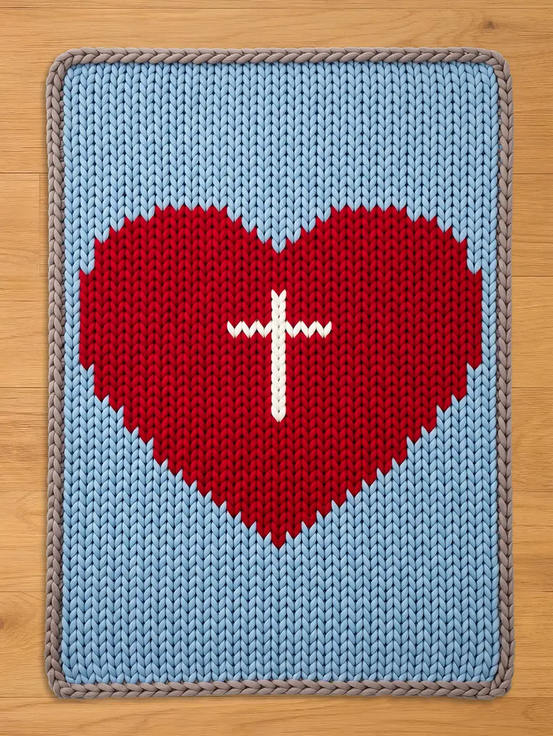 A knitted blanket featuring a large red heart with a white cross in the center, set against a light blue background. The blanket has a gray border and is made of soft, textured yarn.
