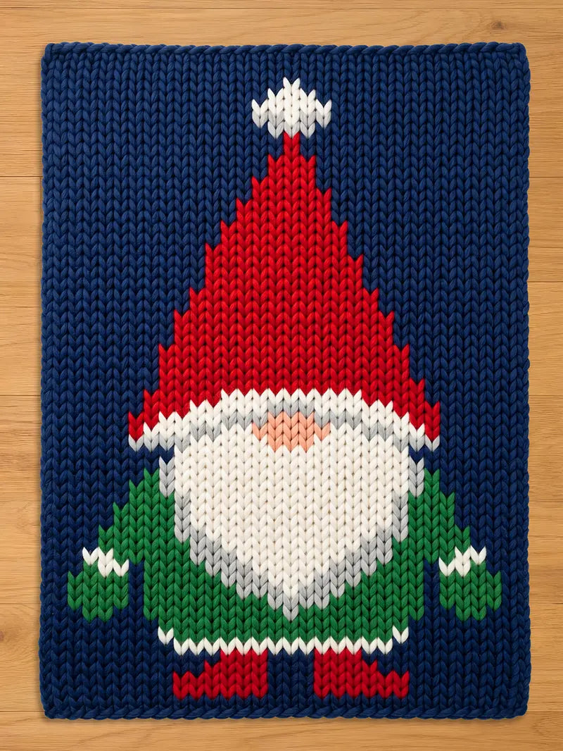 A rectangular knitted textile featuring a gnome character against a dark blue background. The gnome has a tall red pointed hat with a white pom-pom, a large white beard, a peach-colored nose, and a green tunic with red boots.