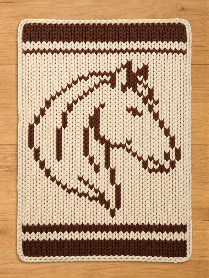 Cream and brown chunky knit blanket with a horse head design. Thick, cozy knitted throw blanket with equestrian motif and striped borders.