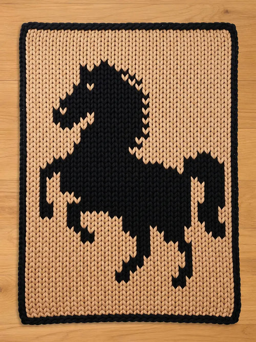 A chunky knit blanket featuring a black rearing horse design on a beige background with a black border, displayed on a wooden surface.