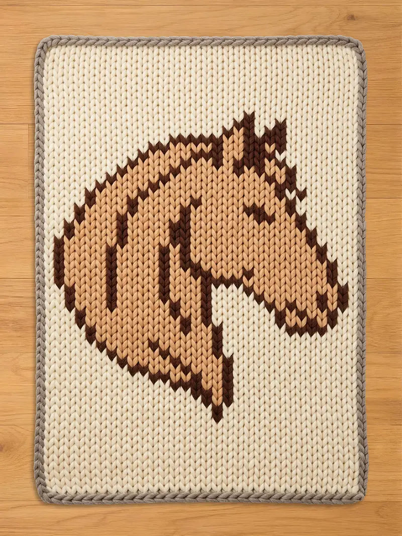 Chunky knit blanket featuring a woven horse head design in cream, beige, and brown with a grey braided border.