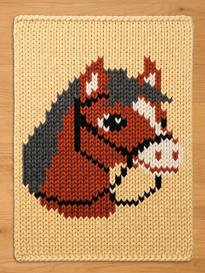 A chunky knit blanket in a cream color featuring a pixelated-style knit portrait of a brown horse with a grey mane and white markings, laid flat on a wooden surface.