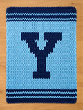 A knitted blanket in light blue with a dark blue letter "Y" in the center. The blanket has dark blue stripes at the top and bottom. The chunky knit design gives it a cozy, handmade feel.