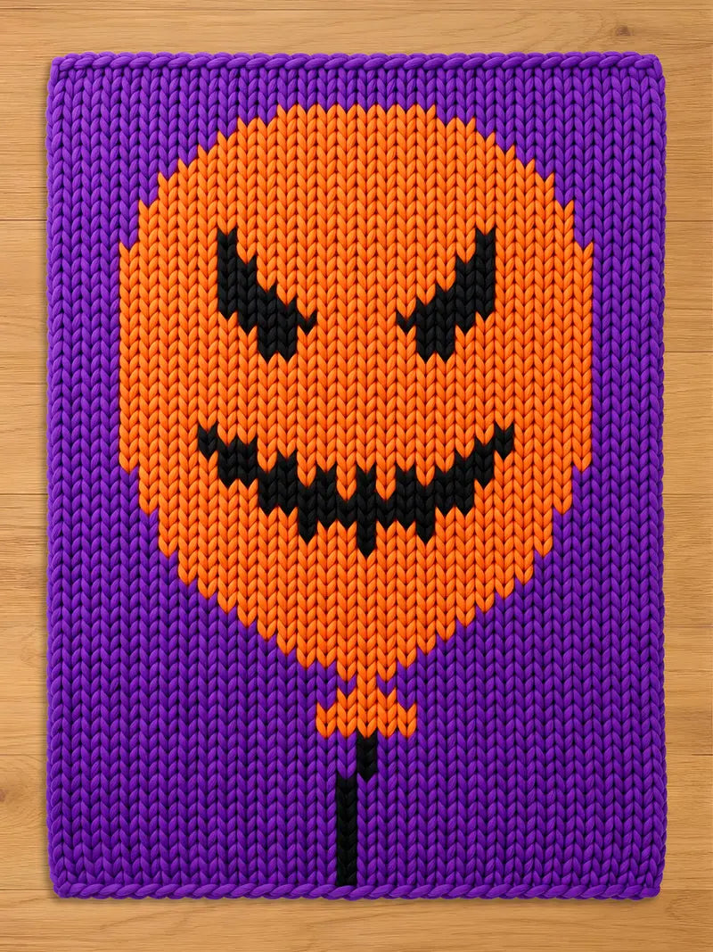 A rectangular knitted chunky blanket featuring a purple background and a central orange balloon shape. The balloon has a black knitted jack-o'-lantern face with jagged eyes and a wide, toothy grin, with a black string extending downward.