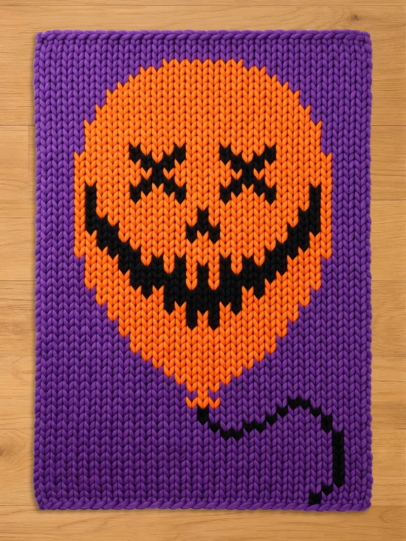 A rectangular knitted blanket featuring a large orange balloon with a black jack-o'-lantern face, including X-shaped eyes and a jagged mouth, set against a solid purple background with a black string extending from the bottom.