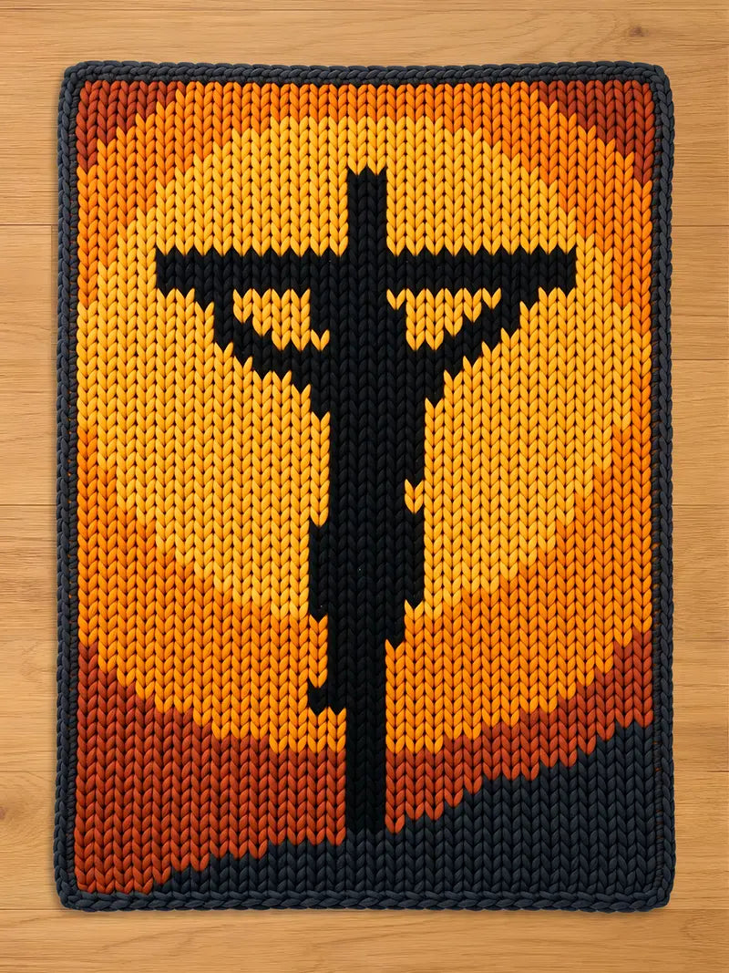 Chunky knit blanket featuring a black silhouette of Jesus on the cross against a warm yellow, orange, and red sunset background, finished with a dark grey knitted border