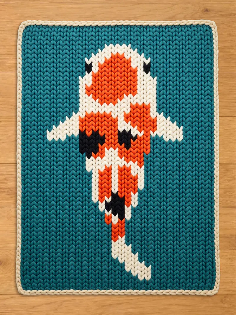 A knitted chunky blanket featuring a koi fish design. The fish is rendered in orange, white, and black against a teal background. The rug has a cream-colored border and is placed on a wooden surface.
