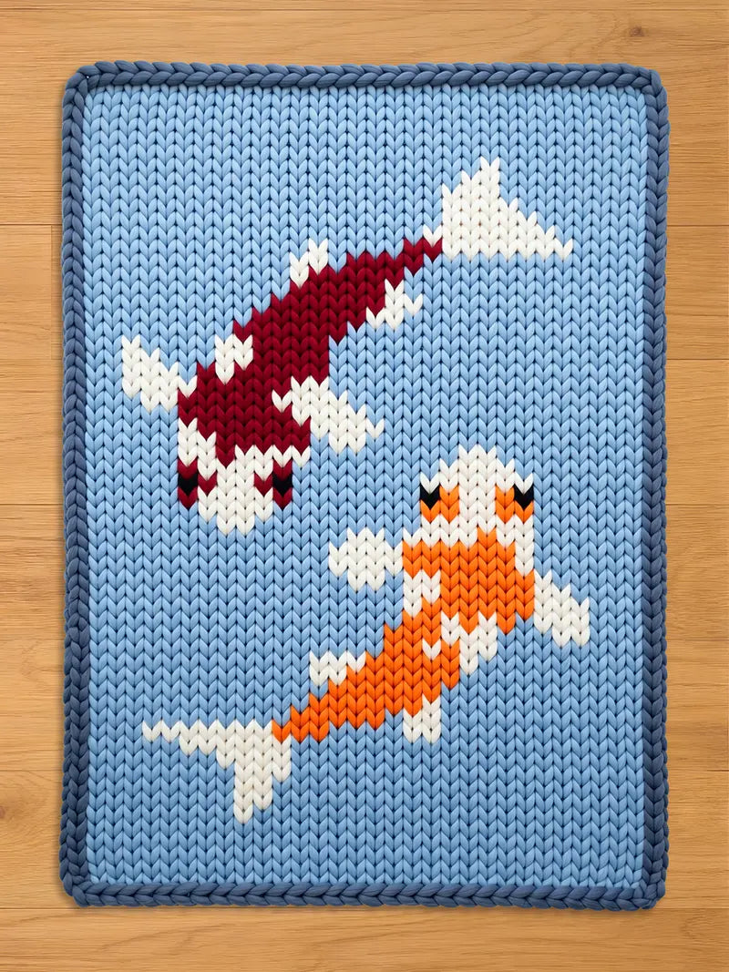 A knitted chunky blanket featuring two koi fish swimming on a light blue background. One fish is red and white, the other is orange and white. The border is a darker blue.