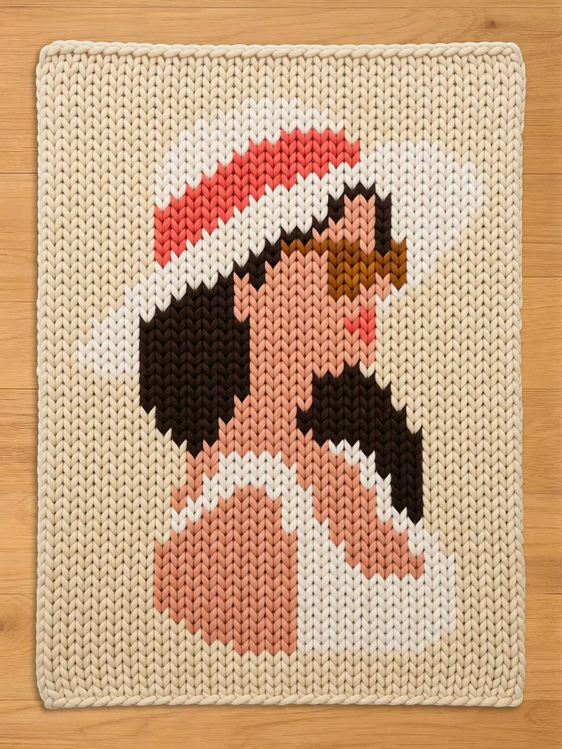 Chunky knit blanket in cream, featuring a graphic knitted design of a retro woman in profile wearing sunglasses and a wide-brimmed white hat with a pink stripe