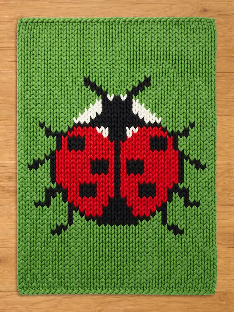 A rectangular knitted blanket featuring a large ladybug design centered on a bright green background. The ladybug has a vibrant red body with black spots, a black head with white accents, and black legs extending to the sides.