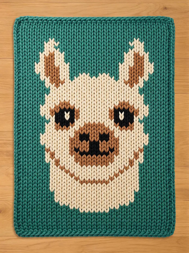 A chunky knit blanket in teal featuring a large, centered design of a cute llama face in cream, tan, and black yarn