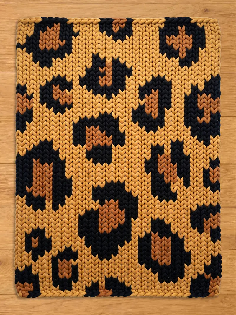 A rectangular knitted chunky blanket with a leopard print pattern. The blanket features a tan background with dark brown and light brown spots. The knitted texture is visible throughout the design.