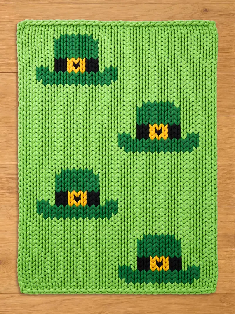 A green knitted rectangular chunky blanket featuring four green leprechaun hats with black bands and gold buckles. The background is a solid light green color. The blanket is made of a thick, textured yarn.