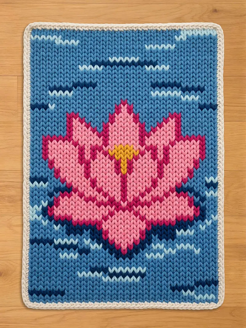A rectangular chunky knit blanket. The design features a vibrant, multi-tonal pink lotus flower with a yellow center, set against a light blue background with dark blue and white stitched water ripples. The blanket is finished with a thick white knit border