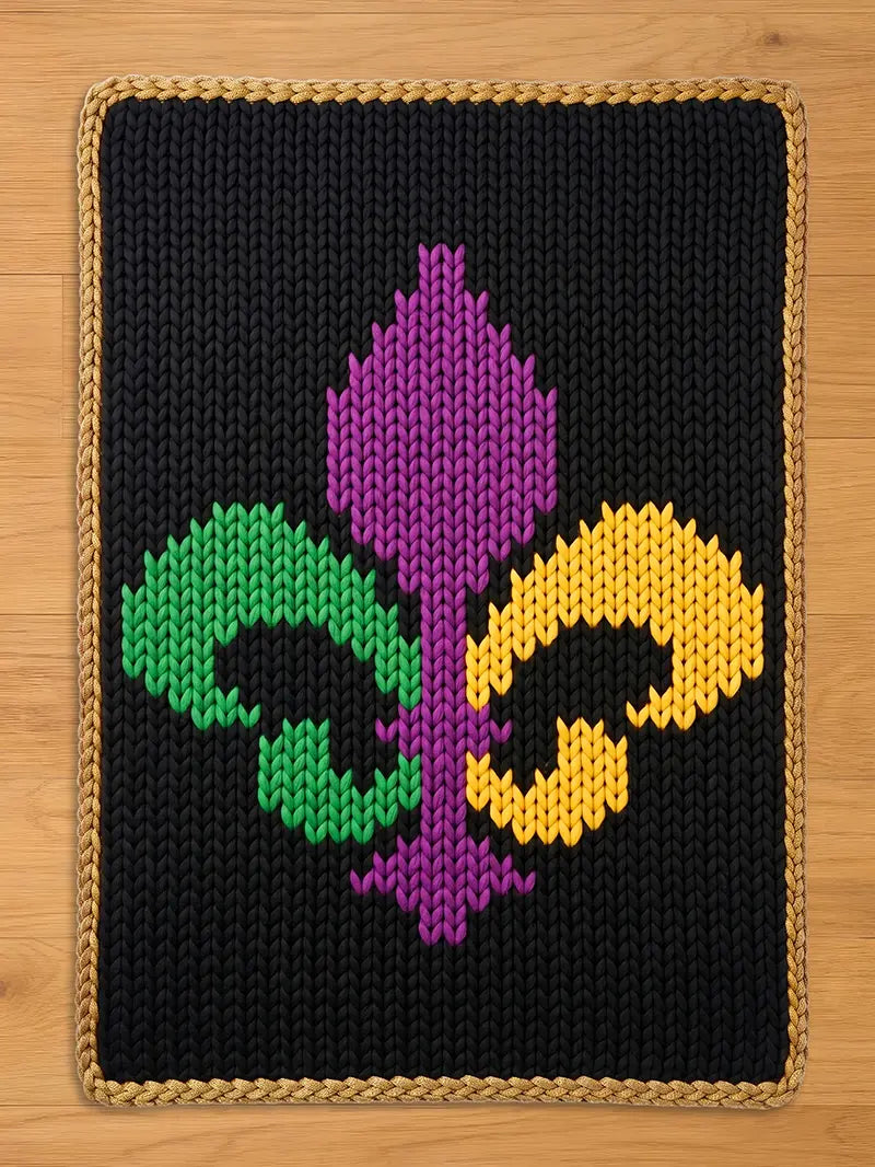 Chunky knit black blanket featuring a large Mardi Gras fleur-de-lis in green, purple, and yellow, finished with a gold braided border