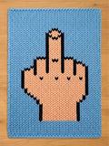  A rectangular knit blanket featuring a light blue background with a large, centered graphic of a hand making a middle finger gesture. The hand is rendered in peach-colored yarn with black yarn outlining the fingers and knuckles.