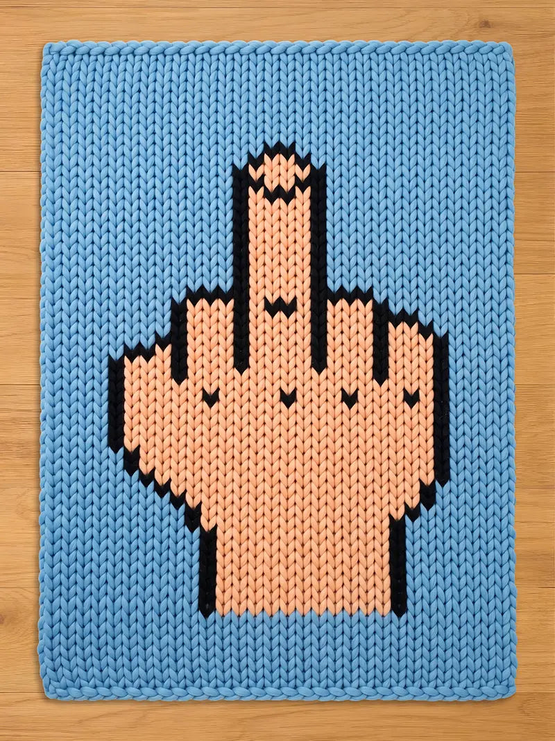  A rectangular knit blanket featuring a light blue background with a large, centered graphic of a hand making a middle finger gesture. The hand is rendered in peach-colored yarn with black yarn outlining the fingers and knuckles.