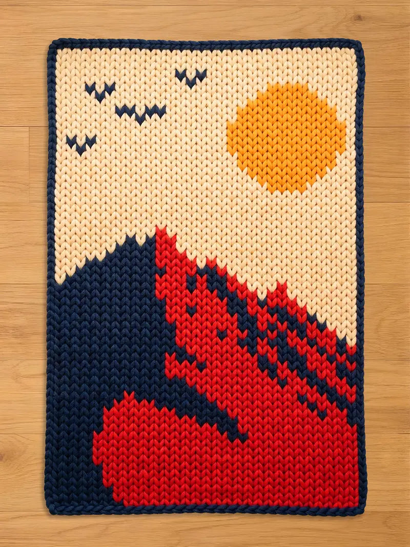 A knitted chunky blanket with a landscape design. The artwork features a blue mountain range, a red and blue foreground, a yellow sun, and three blue birds against a cream-colored background. The edges are trimmed with a dark blue border.