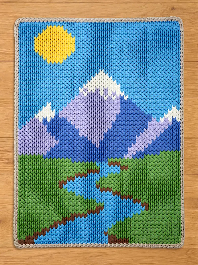 A chunky knit blanket featuring a colorful outdoor landscape design with a bright yellow sun, purple and blue snow-capped mountains, green fields, and a winding blue river