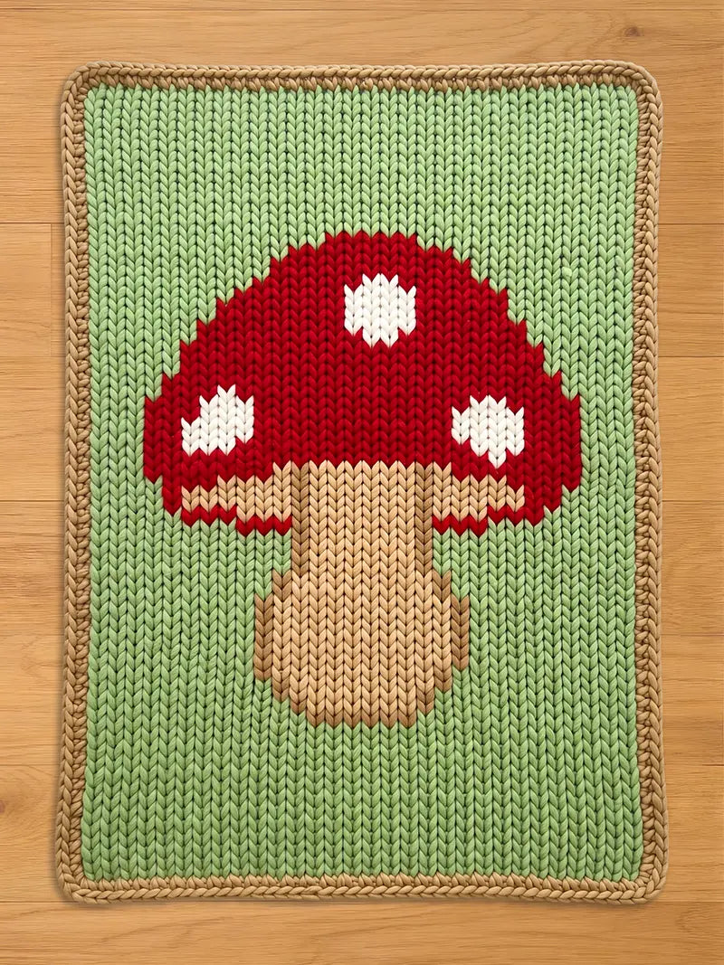 Chunky knit blanket featuring a large red mushroom with white spots on a light green background
