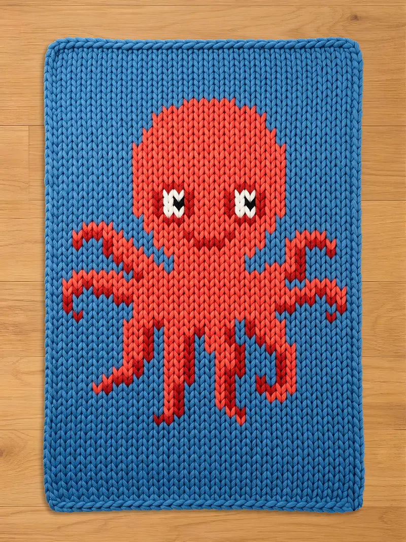 A knitted blue blanket featuring a red octopus design. The octopus has a round head, eight tentacles, and white and black eyes. The blanket is made of a thick, textured yarn.