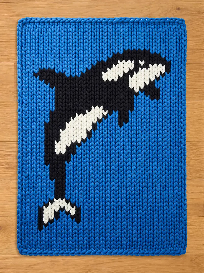 A knitted blue blanket featuring a black and white orca whale design. The orca is depicted with its distinctive black and white markings, set against a solid blue background. The blanket has a textured, woven appearance.