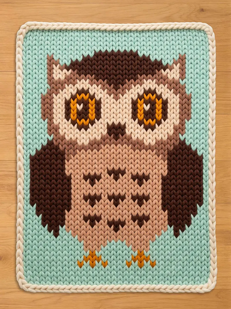 A square knitted owl chunky blanket  featuring a detailed owl design in shades of brown, beige, and orange on a light blue background, finished with a cream braided border, laid flat on a wooden surface.