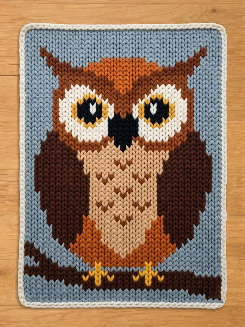 A chunky knitted blanket featuring a stylized owl design, laid flat on a light wood surface. The knit pattern shows a blue-gray background with a brown owl, cream and orange facial details, and yellow accents, finished with a cream border.