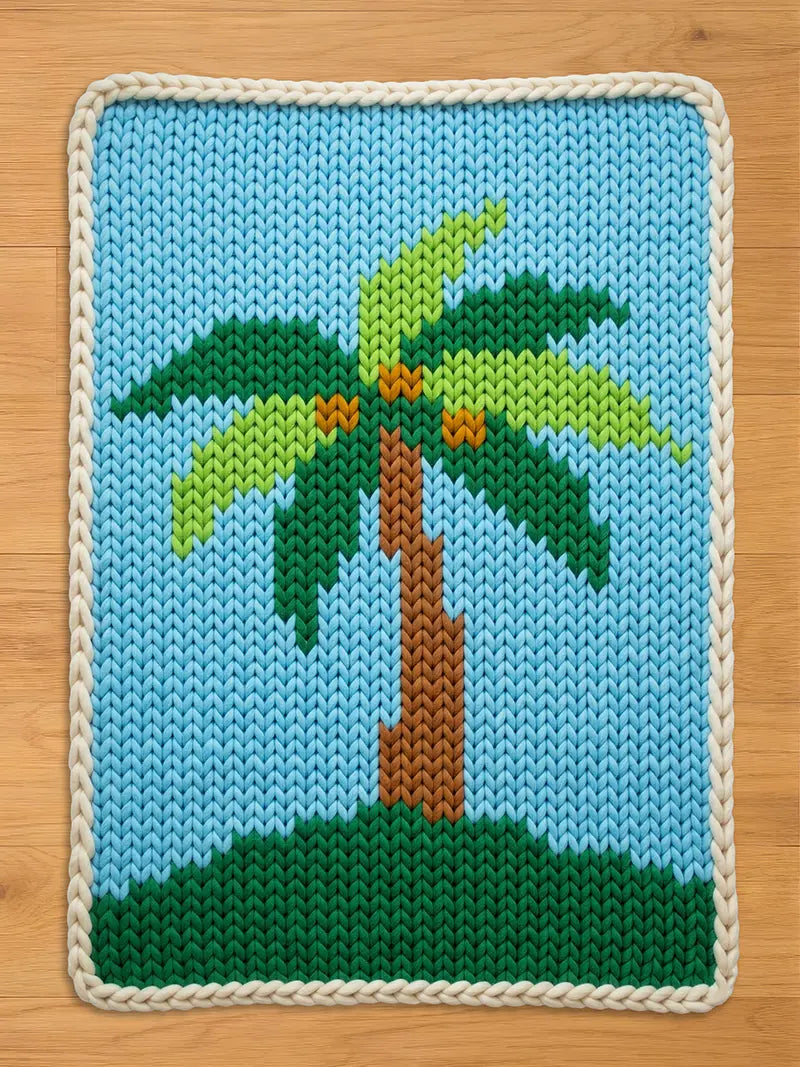 A rectangular hand-knitted chunky blanket featuring a tropical palm tree design on a light blue background, with a cream-colored braided border, laid flat on a light wood floor.