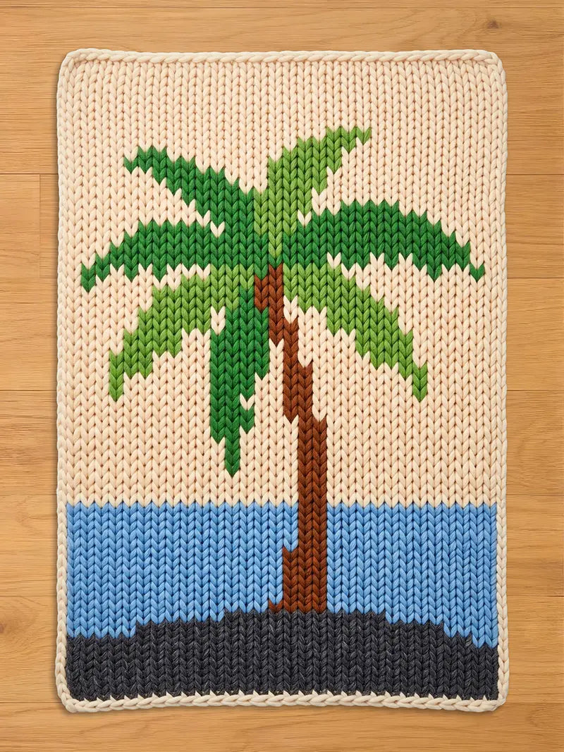 A rectangular hand-knitted chunky blanket featuring a tropical palm tree design on a sandy beige background, with blue ocean and a dark gray shore, laid flat on a light wood floor.