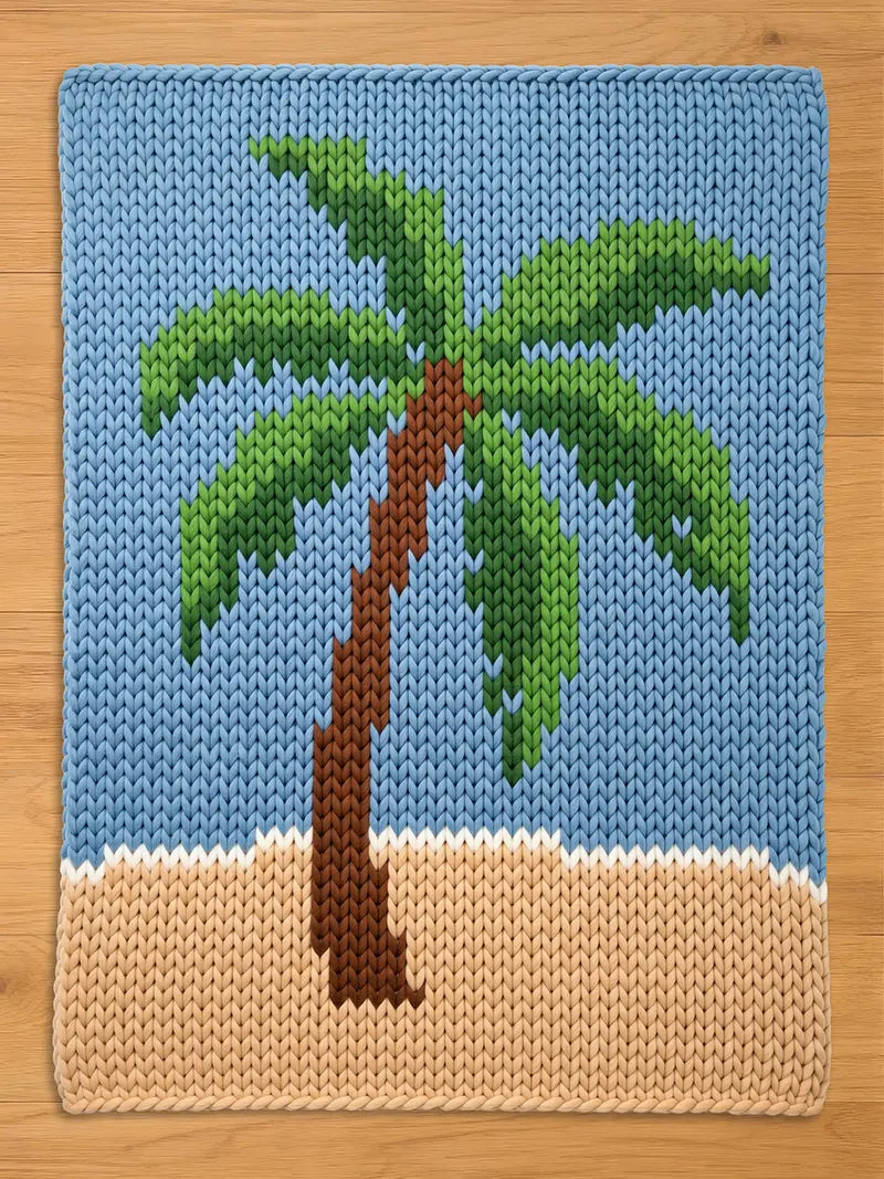 A rectangular hand-knit blanket featuring a pixelated palm tree design, with a light blue sky, green leaves, a brown trunk, and a sandy beige beach at the bottom, displayed flat on a wooden floor.