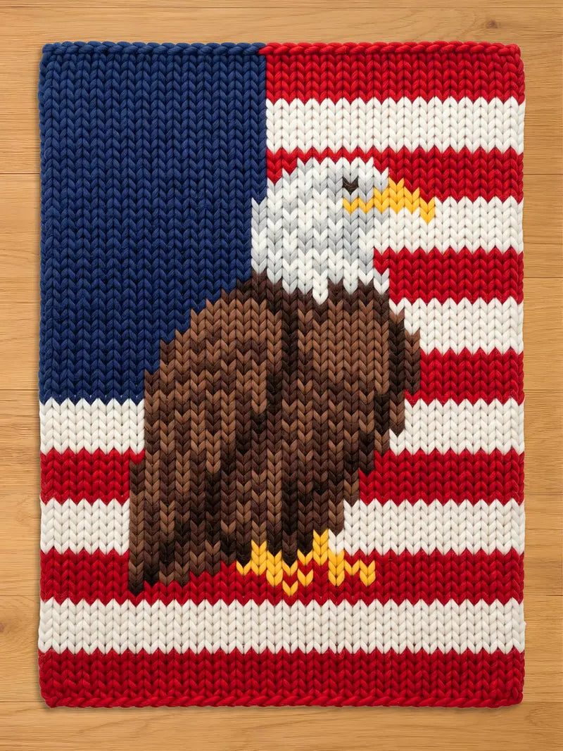 A rectangular knit blanket featuring a large bald eagle in profile centered over a background of horizontal red and white stripes and a solid blue block in the upper left corner, mimicking the design of the American flag.