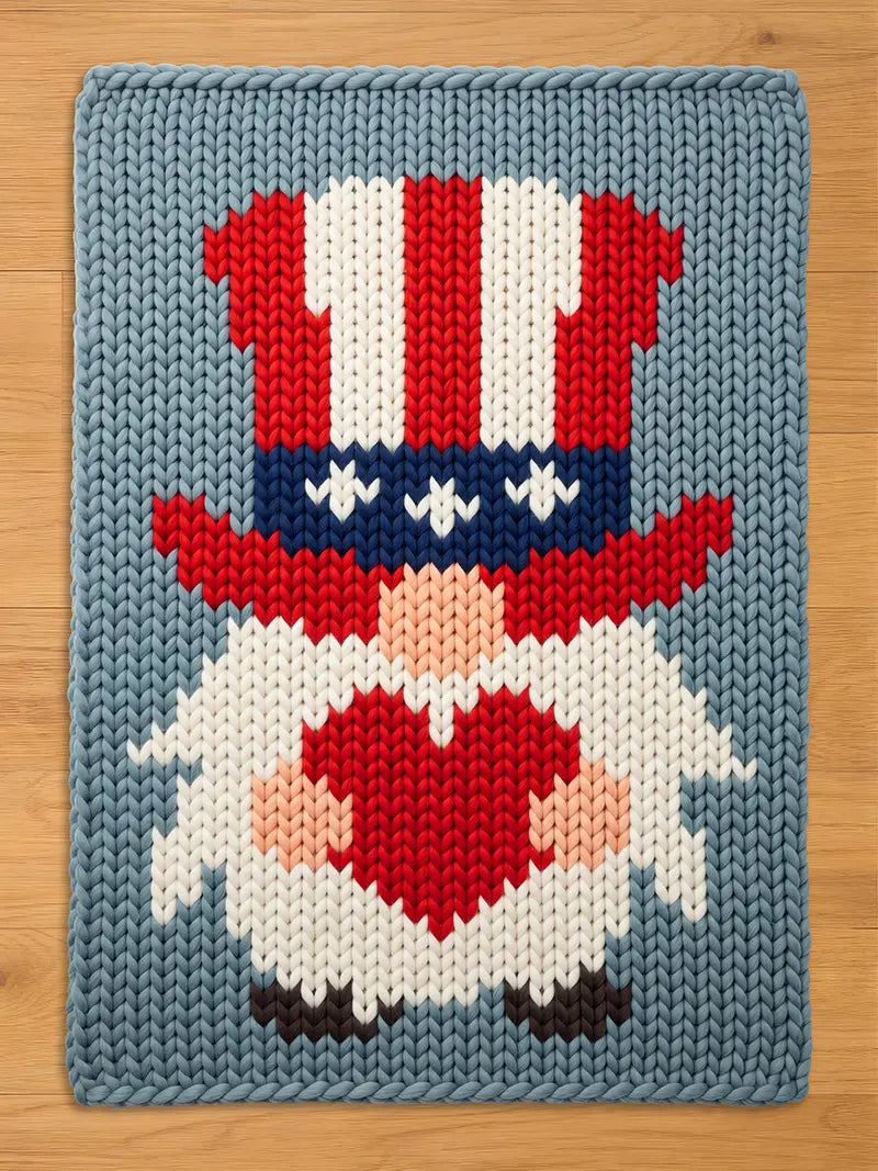 A rectangular chunky knit blanket featuring a gnome graphic. The gnome wears a tall red, white, and blue striped hat with white stars on a blue band. The gnome has a white beard, a peach-colored nose, and holds a large red heart.