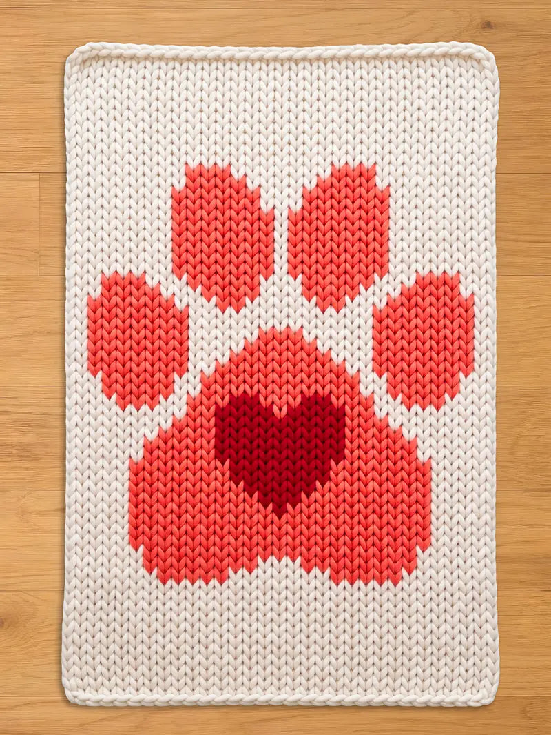 A rectangular, off-white knitted chunky blanket featuring a large paw print design in shades of red. The paw print includes a heart shape in the center. The blanket has a textured appearance and a simple, clean border.