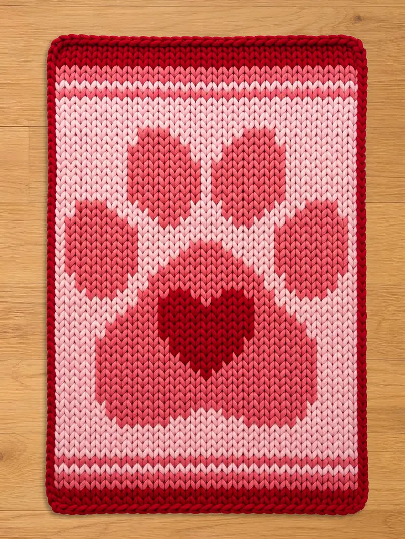 A knitted rectangular chunky blanket featuring a paw print design with a heart in the center. The paw print is in shades of pink and red, set against a light pink background. The border is a deep red.