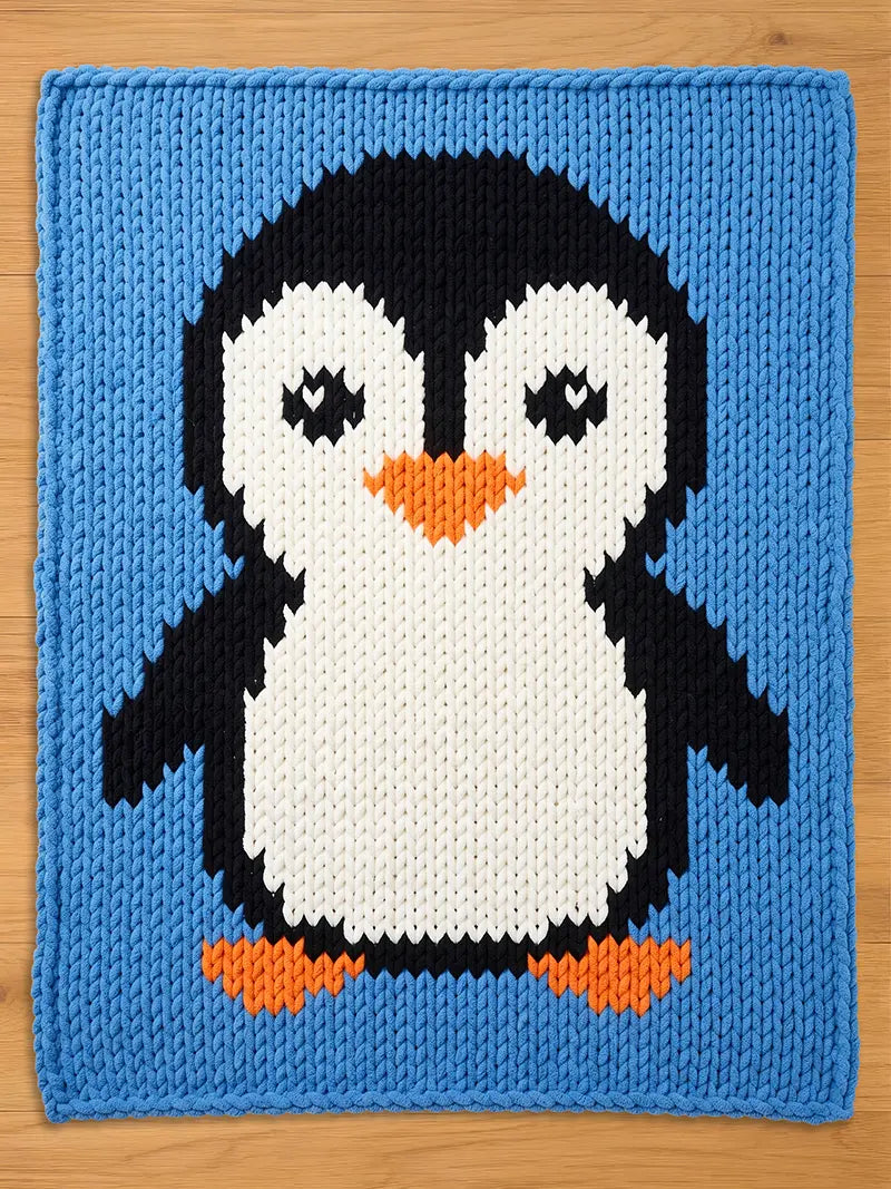 A knitted chunky blanket featuring a large penguin design. The penguin has a white body, black head and wings, orange feet and beak, and is set against a light blue background. The blanket is made of thick yarn.