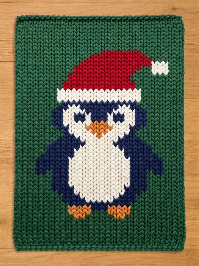 A knitted green chunky blanket featuring a penguin wearing a Santa hat. The penguin has a white belly, blue body, and orange feet. The Santa hat is red with a white pom-pom. The blanket is made of a thick, textured yarn.