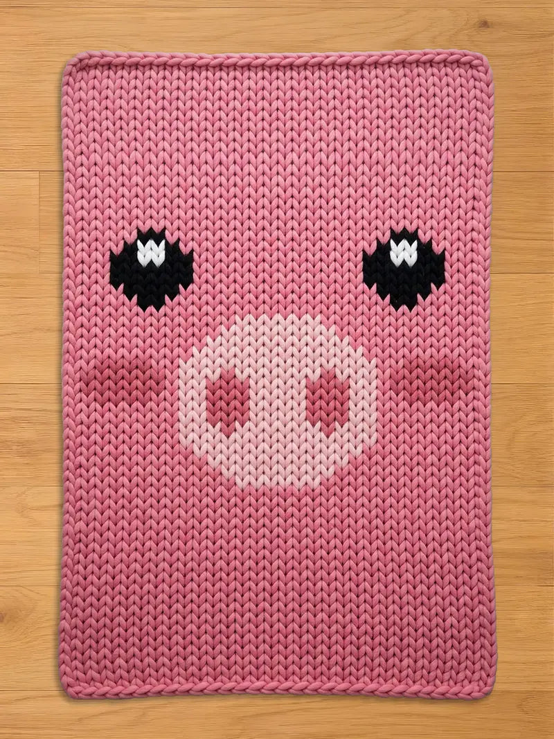 A pink knitted chunky blanket featuring a pig face design. The pig's face includes black and white eyes, a light pink snout with two nostrils, and pink cheeks. The blanket is made of a soft, textured material.