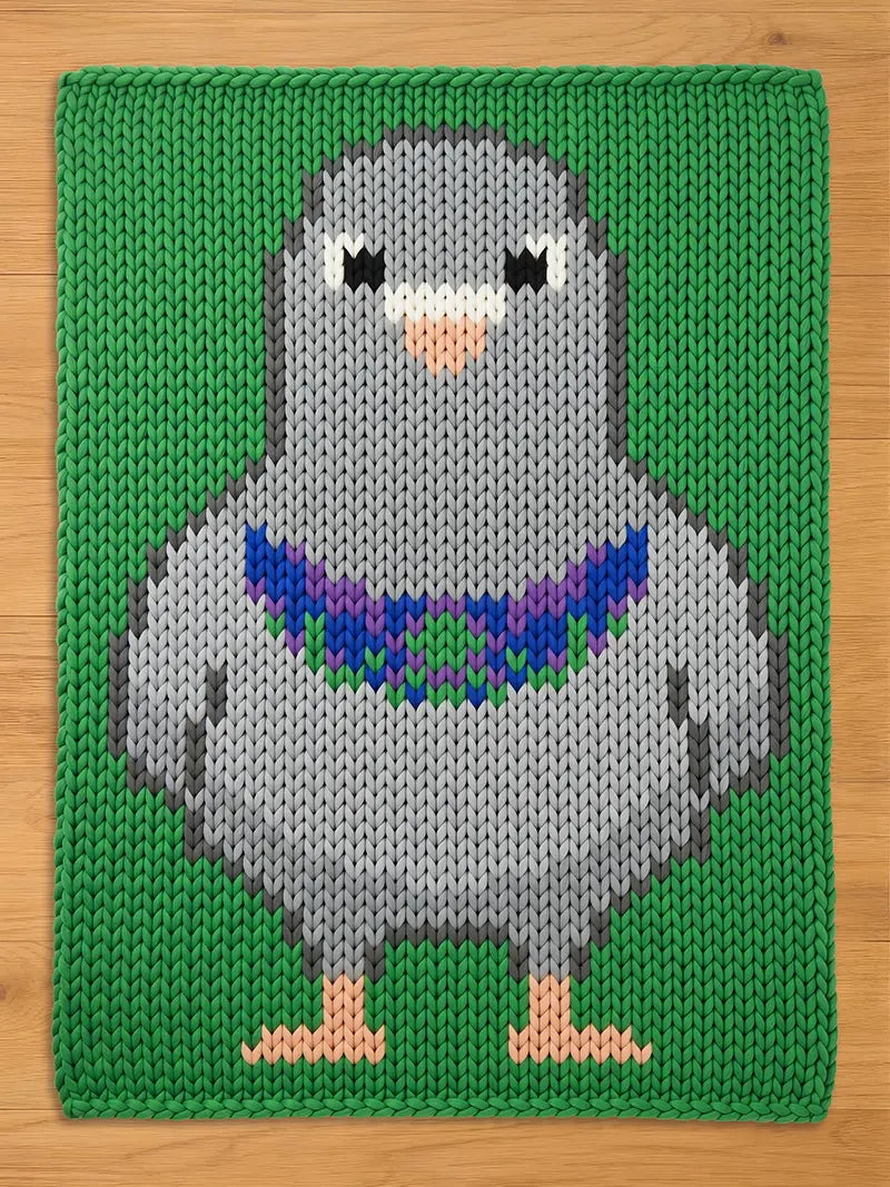 a chunky knit blanket with a pigeon design on a green background. The pigeon is gray with a blue, purple, and green collar. The bird has small black eyes and peach-colored feet. The background is a solid green color.