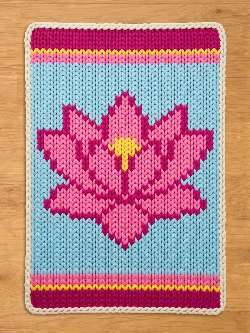 A knitted rectangular blanket featuring a pink lotus flower on a light blue background. The blanket has a cream-colored border and bands of pink, yellow, and magenta at the top and bottom. The lotus flower has a yellow center.