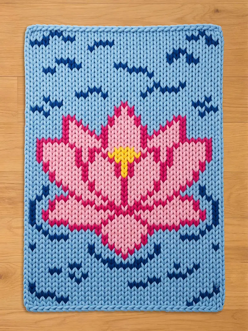 Chunky knit blanket in light blue, featuring a large pink lotus flower design with a yellow center and dark blue wave accents