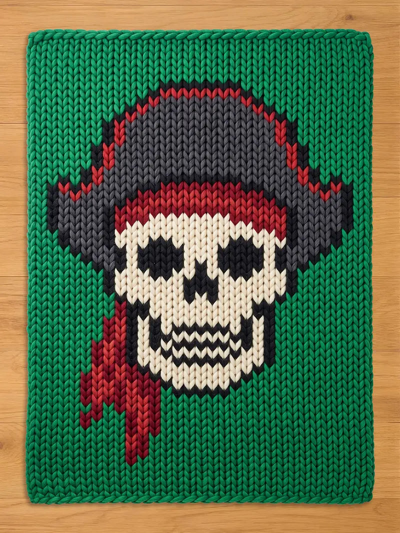 A rectangular knitted blanket featuring a central graphic of a skull wearing a pirate hat and a red bandana. The design uses cream, black, dark gray, and red yarn against a vibrant green background, showcasing a chunky knit texture.