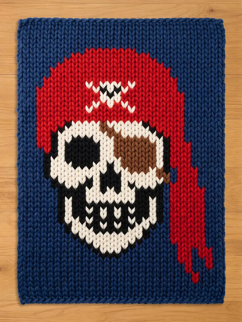 A rectangular knit blanket featuring a large skull graphic wearing a red bandana with a white skull and crossbones emblem. The skull is white with black eye sockets, a black nose, and a brown eye patch over the left eye.