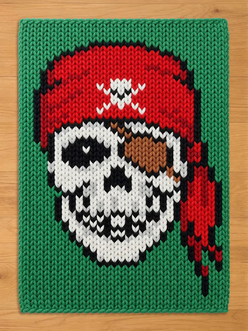 A rectangular knitted blanket featuring a green background and a central skull graphic. The skull wears a red bandana with a white skull and crossbones emblem and a brown eye patch. The design uses black, white, red, and brown yarn.