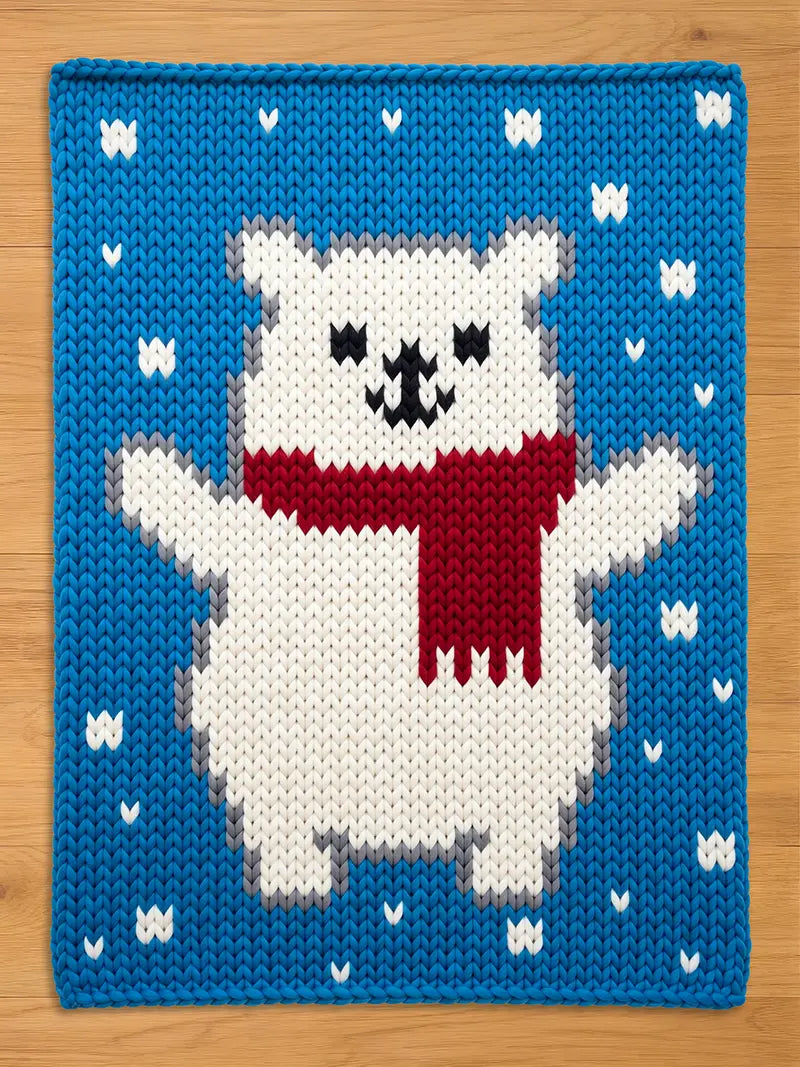 A knitted chunky blanket featuring a white polar bear with a red scarf, set against a blue background with white snowflake accents. The bear has gray accents and a smiling face, creating a cozy, wintery theme.