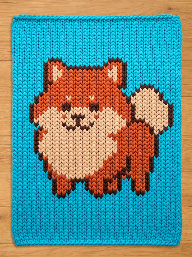 A chunky knit blanket in bright cyan blue featuring a pixel-art style orange and cream Pomeranian dog pattern.
