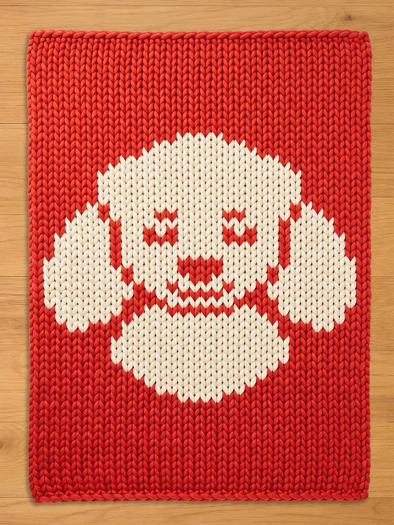 A red knitted chunky blanket with a white dog face design. The dog's face is centered on the rug and features a smiling mouth, closed eyes, and floppy ears. The blanket is rectangular and made of thick yarn.
