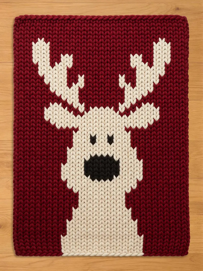A cozy, handmade-style chunky knit blanket laid flat on a wooden surface. The blanket has a dark red background and showcases a central, festive white reindeer silhouette design with prominent antlers and black facial details.